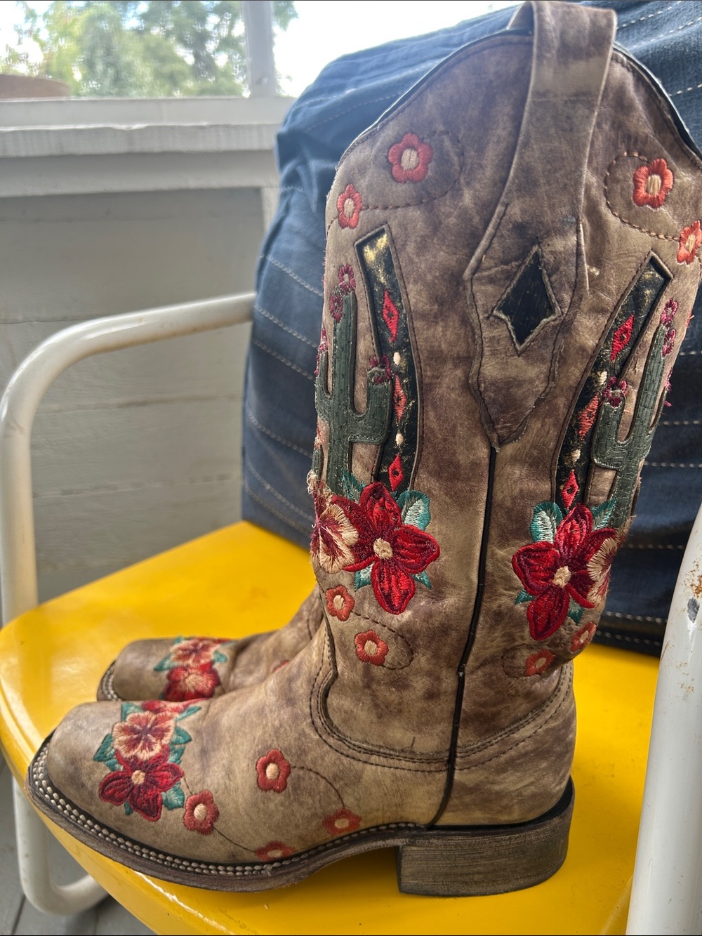 Corral Tan Floral/cactus Embroidered Western Boots with Teal Lining